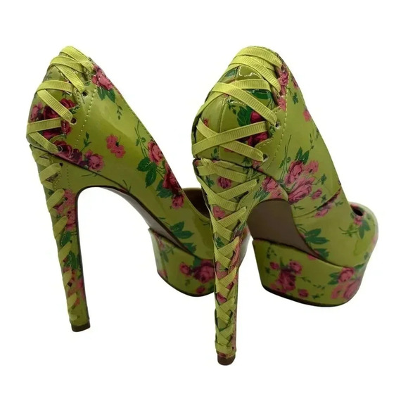 Betsey Johnson NEW Women 5M Floral Green High Heel Platform Pumps Lace Up Ribbon - Picture 6 of 15